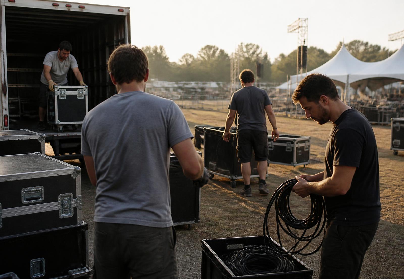 Volunteers unloading production equipment at an event site in early morning light